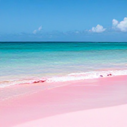 Caribbean Holidays, August Instagram Spots, A quiet tropical beach on Barbuda with pink-tinted sand, clear shallow water and a wide open sky, photographed in August