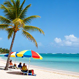 Caribbean Holidays, August Instagram Spots, A relaxed August beach scene in Antigua with palm trees, colourful beach umbrellas, calm Caribbean water and travellers taking photographs
