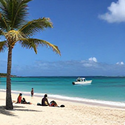 Caribbean Holidays, August Instagram Spots, A relaxed Caribbean beach scene on Pinel Island with a small boat, turquoise shallows, palm trees and visitors enjoying a sunny August afternoon