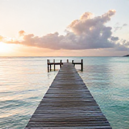 Caribbean Holidays, August Instagram Spots, A wooden pier stretching into calm turquoise water at sunset in the Dominican Republic, with soft golden light and a peaceful island atmosphere