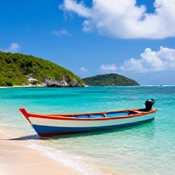 Caribbean Holidays, August Instagram Spots, Colourful wooden boats floating in clear water at Sapodilla Bay, Turks and Caicos, with green hills and bright Caribbean sky