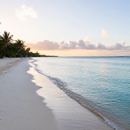 Caribbean Holidays, August Instagram Spots, Turquoise Grace Bay beach in Turks and Caicos at sunrise, empty shoreline, clear shallow water and soft August light
