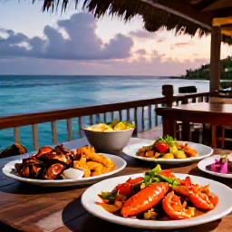 Caribbean Holidays, August Island Hopping, A friendly Caribbean restaurant serving fresh seafood and colourful local dishes, with an evening view over the sea
