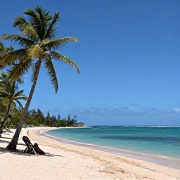 Caribbean Holidays, August Island Hopping, A quiet Caribbean beach on Nevis in August, with palm trees, soft sand, clear water and a couple relaxing near the shore