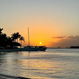 Caribbean Holidays, August Island Hopping, Relaxed Caribbean sunset over a Grenadine harbour, with palm trees, moored boats and warm evening light