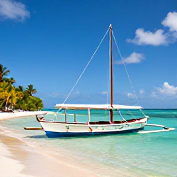 Caribbean Holidays, August Island Hopping, Traditional wooden Caribbean sailing boat travelling between the Grenadine islands, with clear blue water, small beaches and palm trees