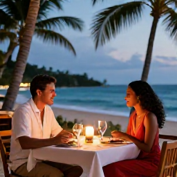 Caribbean Holidays, August Jamaica Holidays, Couple enjoying a candlelit dinner at a stylish Jamaican beachfront restaurant with tropical evening surroundings
