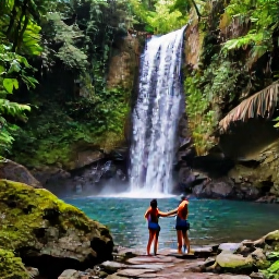 Caribbean Holidays, August Jamaica Holidays, Couple exploring a lush Jamaican waterfall surrounded by tropical forest, with clear pools and walking paths