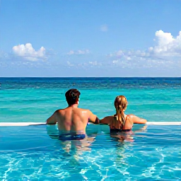 Caribbean Holidays, August Jamaica Holidays, Couple relaxing beside an adults-only infinity pool overlooking the turquoise Caribbean Sea in Jamaica during August sunshine