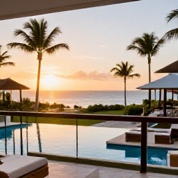Caribbean Holidays, August Jamaica Holidays, Elegant adults-only Jamaican resort balcony overlooking palm trees, a swimming pool and the Caribbean coastline at sunset