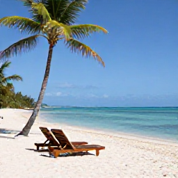 Caribbean Holidays, August Jamaica Holidays, Quiet white-sand Jamaican beach with two sun loungers, palm trees and calm clear water in bright August weather