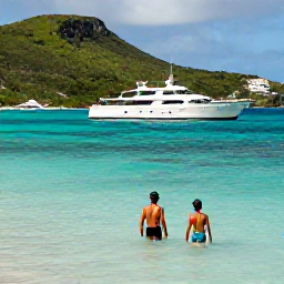 Caribbean Holidays, August Luxury, A couple snorkelling in a quiet turquoise bay on Saint Barth&eacute;lemy, with a luxury yacht anchored offshore and green hills in the background