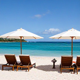 Caribbean Holidays, August Luxury, A relaxed luxury beach scene on Saint Barth&eacute;lemy in August, with turquoise water, white sand, elegant sun loungers and a clear Caribbean sky