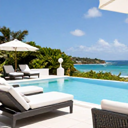 Caribbean Holidays, August Luxury, An elegant luxury hotel terrace in St Barts overlooking the Caribbean Sea, with a private pool, comfortable seating and tropical greenery