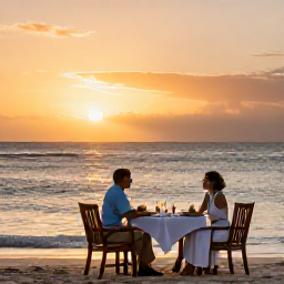 Caribbean Holidays, August Luxury Holidays, Couple enjoying a relaxed sunset dinner on a Caribbean beach, warm August evening, elegant table and gentle waves