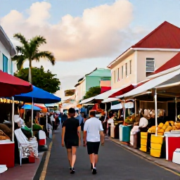 Caribbean Holidays, August Luxury Holidays, Couple walking through a colourful Caribbean market street in Philipsburg, Sint Maarten, August afternoon, historic buildings and tropical light