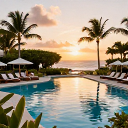 Caribbean Holidays, August Luxury Holidays, Elegant Dominican Republic resort pool at sunset, with tropical gardens, comfortable loungers and guests enjoying a peaceful evening