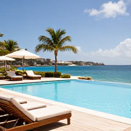 Caribbean Holidays, August Luxury Holidays, Elegant luxury hotel pool overlooking the Caribbean in Saint Martin, August sunshine, palm trees, comfortable day beds and calm blue water