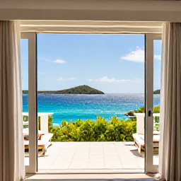 Caribbean Holidays, August Luxury Holidays, Elegant ocean-view hotel suite on St Thomas, open doors leading to a private terrace and sparkling Caribbean sea