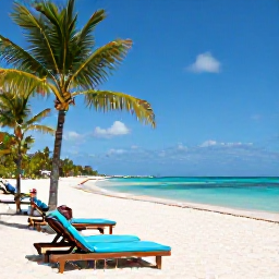 Caribbean Holidays, August Luxury Holidays, Luxury beachfront resort in Punta Cana, Dominican Republic, with turquoise Caribbean water, white sand, palm trees and elegant sun loungers