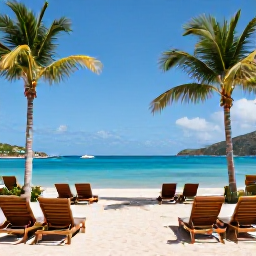 Caribbean Holidays, August Luxury Holidays, Luxury beachfront resort in the United States Virgin Islands during August, turquoise sea, palm trees and elegant sun loungers