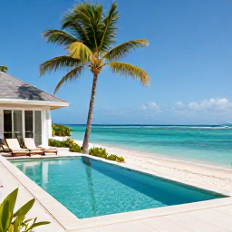 Caribbean Holidays, August Luxury Holidays, Luxury beachfront villa on a quiet Caribbean island, private pool, palm trees and calm turquoise water