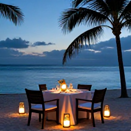 Caribbean Holidays, August Luxury Holidays, Luxury Dominican Republic beach dinner at dusk, with a beautifully set table, lanterns, palm silhouettes and calm ocean beyond