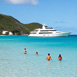 Caribbean Holidays, August Luxury Holidays, Luxury sailing yacht near Saint Martin and Sint Maarten in August, guests swimming in clear turquoise water beside quiet bays and green hills