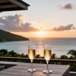 Caribbean Holidays, August Luxury Holidays, Romantic Caribbean sunset viewed from a private villa terrace in the United States Virgin Islands, glasses of sparkling wine and ocean horizon