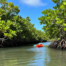 Caribbean Holidays, August Nature Holidays, A calm mangrove channel in the Turks and Caicos Islands with a clear kayak passing between green mangrove roots under a sunny August sky