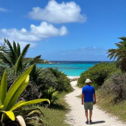 Caribbean Holidays, August Nature Holidays, A friendly local guide leading visitors along a scenic coastal path in Saint Martin during August, with tropical plants and sea views