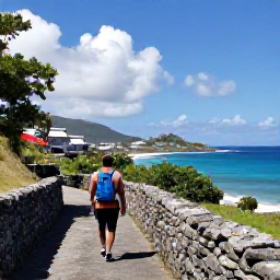 Caribbean Holidays, August Nature Holidays, A hiker walking along a scenic coastal trail on Saint Barth&eacute;lemy, with sea views, dry-stone walls and tropical vegetation
