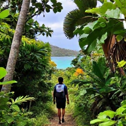 Caribbean Holidays, August Nature Holidays, A hiker walking through lush tropical woodland in Virgin Islands National Park on St John, with a glimpse of the Caribbean Sea
