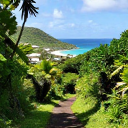 Caribbean Holidays, August Nature Holidays, A lush tropical nature trail on Saint Martin in August, with green hills, palms and views towards the turquoise Caribbean Sea