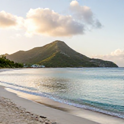 Caribbean Holidays, August Nature Holidays, A peaceful August morning at Orient Bay on Saint Martin, with a sandy beach, calm turquoise water and green hills in the background
