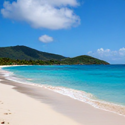 Caribbean Holidays, August Nature Holidays, A peaceful tropical beach in the British Virgin Islands in August, with clear turquoise water, green hills and a lightly clouded blue sky