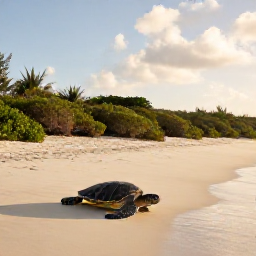 Caribbean Holidays, August Nature Holidays, A protected beach in the Turks and Caicos Islands with sea turtles near the shoreline and low scrub dunes in warm late-afternoon light