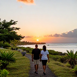 Caribbean Holidays, August Nature Holidays, A relaxed couple enjoying a sunset nature walk beside the Caribbean Sea on Saint Kitts