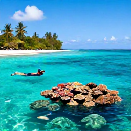 Caribbean Holidays, August Nature Holidays, Clear turquoise Caribbean water above a colourful coral reef with tropical fish and a snorkeller near a sandy island coast