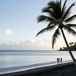 Caribbean Holidays, August Nature Holidays, Dark volcanic sand beach on Saint Vincent with swaying palms, calm Caribbean sea and a small group of visitors enjoying the shoreline in August