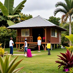 Caribbean Holidays, August Nature Holidays, Friendly Caribbean travel scene with a small eco-lodge, tropical garden and guests preparing for a guided nature walk in Trinidad and Tobago