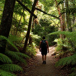 Caribbean Holidays, August Nature Holidays, Hikers walking through lush rainforest on the Vermont Nature Trail in Saint Vincent, surrounded by tropical trees, ferns and filtered sunlight