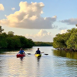 Caribbean Holidays, August Nature Holidays, Kayakers paddling through calm mangrove channels near St Croix in the United States Virgin Islands at sunset
