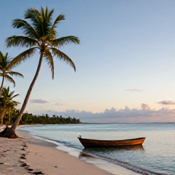 Caribbean Holidays, August Nature Holidays, Quiet Caribbean beach at sunrise with palm trees, calm blue water and a small wooden boat on the shore