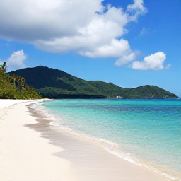 Caribbean Holidays, August Nature Holidays, Quiet tropical beach and clear turquoise water in Tobago, with green hills and a few palm trees under a bright cloudy sky