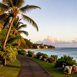 Caribbean Holidays, August Nature Holidays, Relaxed Caribbean nature holiday scene in Saint Vincent and the Grenadines, with a coastal path, tropical vegetation, blue sea and warm evening light