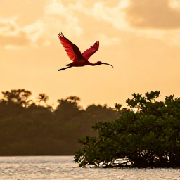 Caribbean Holidays, August Nature Holidays, Scarlet ibis flying over the Caroni Swamp in Trinidad at sunset, with mangroves and calm water