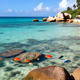 Caribbean Holidays, August Nature Holidays, Snorkellers exploring clear shallow water near a Saint Barth&eacute;lemy beach, colourful reef fish and granite rocks below the surface