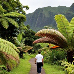 Caribbean Holidays, August Nature Holidays, Traveller walking along a shaded rainforest path in Dominica surrounded by ferns, palms and dramatic green mountains