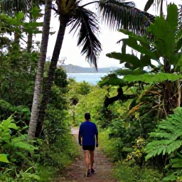 Caribbean Holidays, August Nature Holidays, Visitors walking through lush tropical woodland on Tortola, British Virgin Islands, with a nature trail, palms and distant sea views